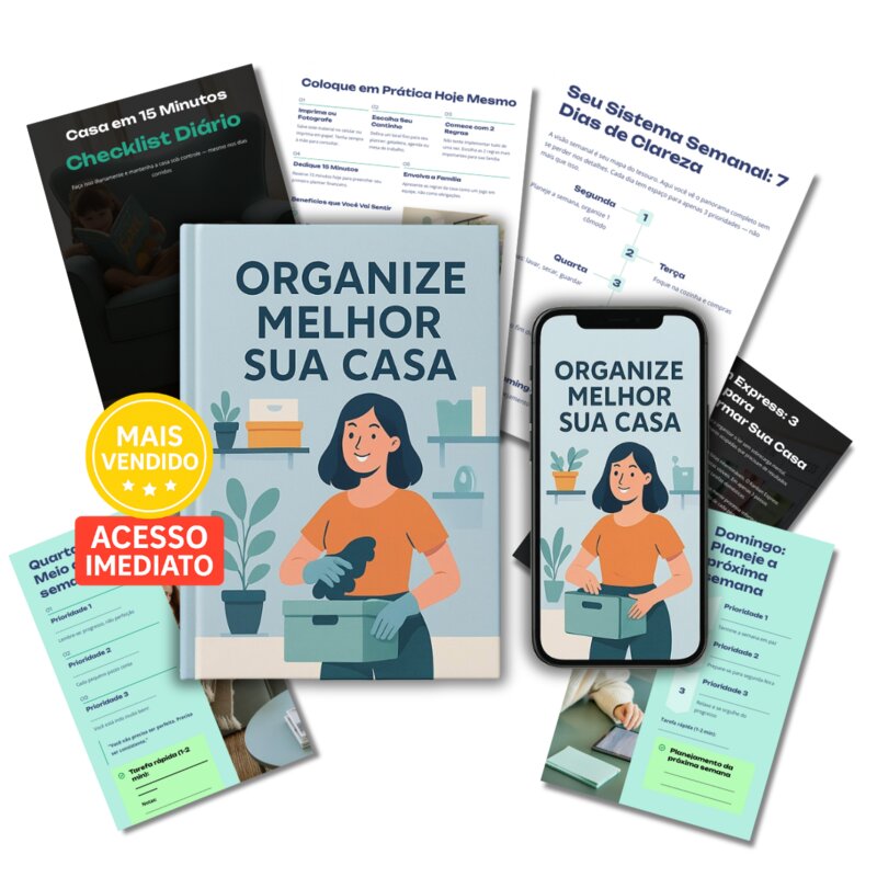 Prévia do Guia Prático da Casa Organizada mostrando planners e checklists organizados
